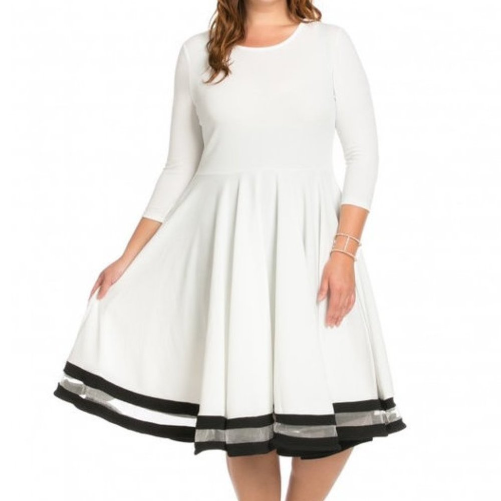 Plus White Mesh Stripe Fit & Flare Skater Dress - Picture 2 of 7